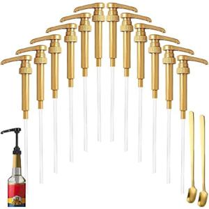 12 Pcs Syrup Pumps Dispenser, Compatible with 25.4 Oz/750ml Bottles, Great for Home & Coffee Bar Drinking Mixes, Tea, Beverage, Cocktails, Plus Spoons(Gold 5.23")