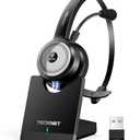 TECKNET Wireless Headset for Work, 40Hrs Worktime AI Noise Cancelling Computer Headphones with Charging Base, Bluetooth Headset with Mic & USB Dongle for PC/Laptop/Call Center