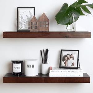 Homeforia 24inch Walnut Floating Shelves for Wall, High End Solid Real Wood 24in Floating Shelf for Bathroom, Dark Brown 24 inch Long Floating Shelves, Heavy Duty Bracket, 24 X 6.5 X 1.75 in, Set of 2 (American Walnut - Satin Dark Tone)