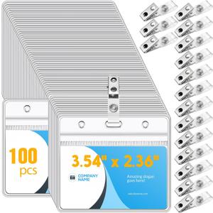 Zonon 100 Sets Name Tags with Clips Name Badge Holders Clip on Waterproof PVC ID Holder Transparent Tag Holder with Resealable Zipper Seal and Metal Badge for Teacher Worker