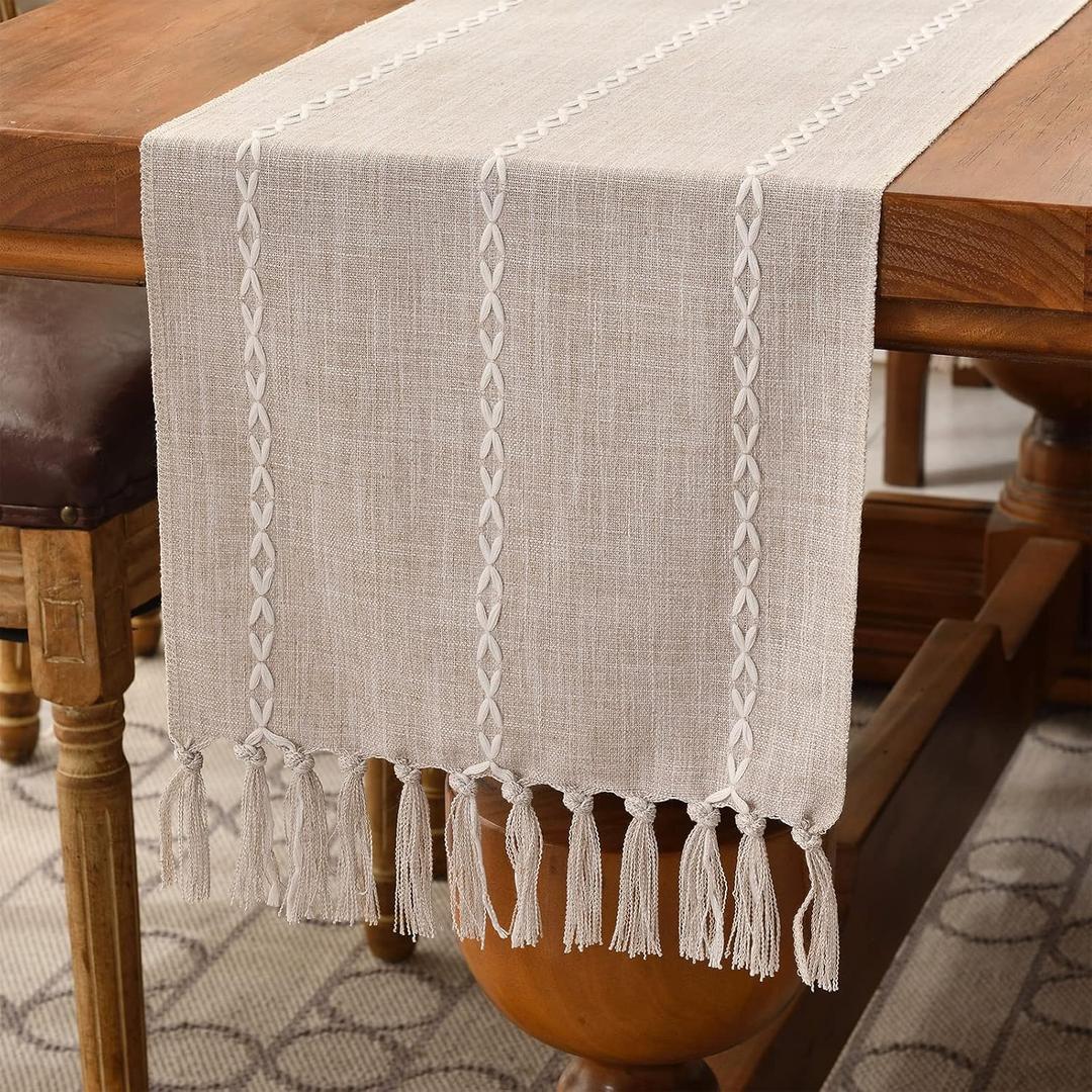 Wracra Rustic Linen Table Runner Farmhouse Style Table Runners 36 inches Long Embroidered Fall Table Runner with Hand-Tassels for Party, Dresser and Dining Room Decorations (Light Coffee, 13"36")