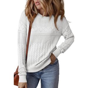 SHEWIN Fall Sweaters for Women Casual Crewneck Long Sleeve Crochet Pullover Tops Sweater (XX-Large, White)