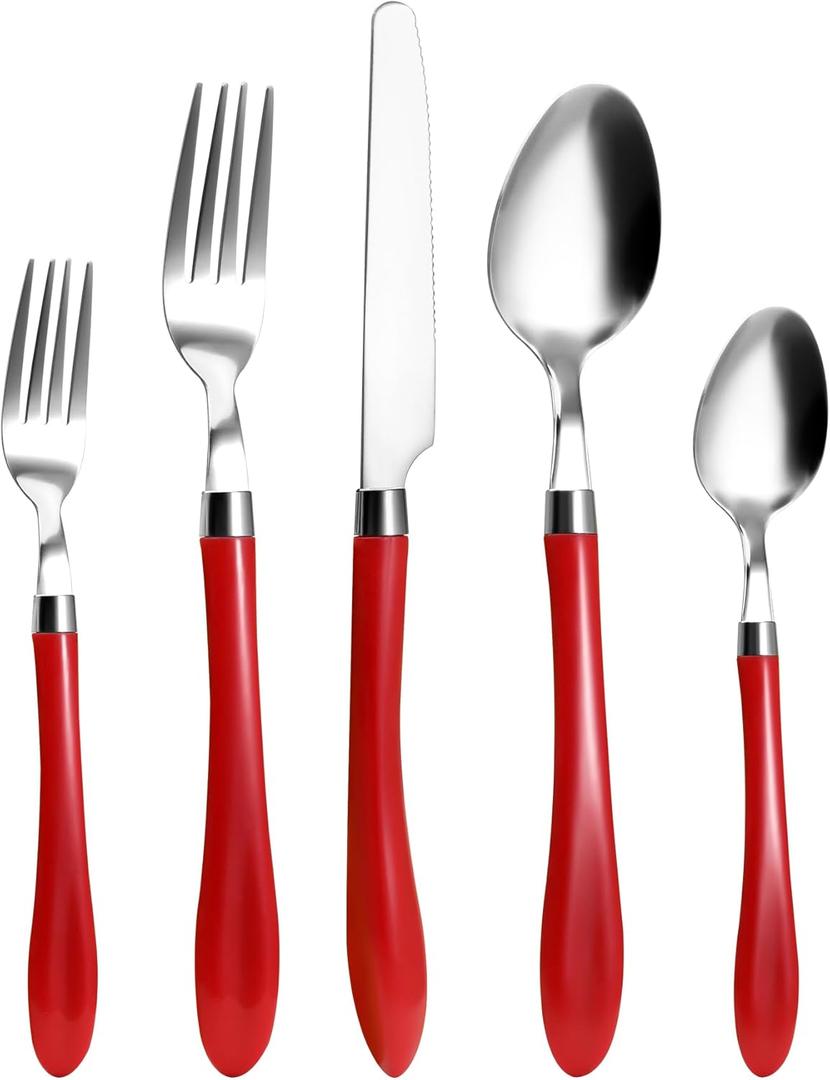 Red Silverware Set, HOFTEN 20 Piece Stainless Steel Color Handle Flatware, Retro Style Cutlery set Includes Forks Spoons Knifes. Fiestaware for Daily Use and Party, Vintage Utensils, Dishwasher Safe (HA309-RD)