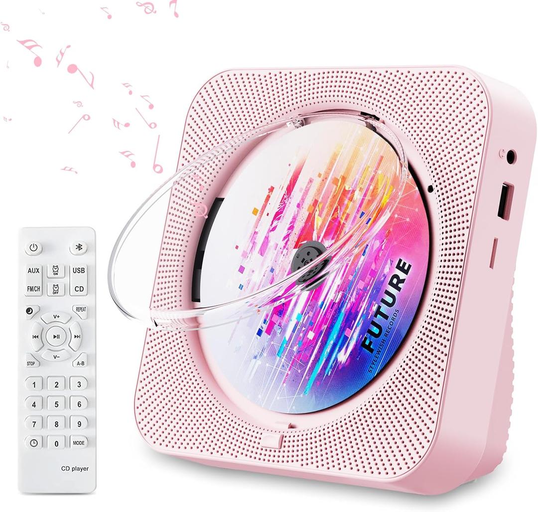 CD Player Portable Bluetooth 5.1 Desktop CD Player with HiFi Sound Speakers, Remote Control, Dust Cover, LED Display, Boombox FM Radio, USB/AUX for Home, Kids (Pink)