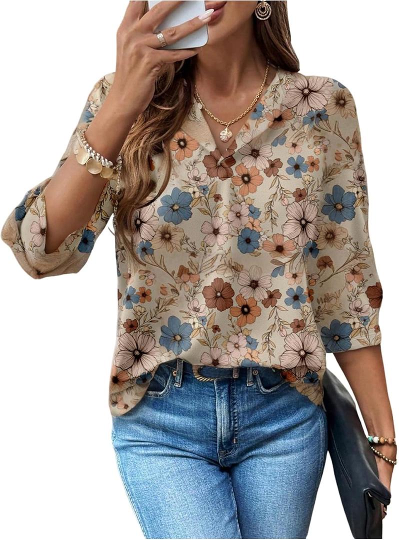 SHENHE Women's Dressy Casual 3/4 Sleeve Tunic Top Boho Floral Business Work Blouse Shirt (XL)