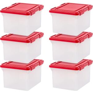 IRIS USA WeatherPro Light and Garland Holiday Decor Home Organizer with Light Reel Inserts, Holiday Storage for Lights Garlands Decorations and Decorations with Seal Latching Lid 6 Pack, Clear/Red