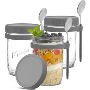 JoyJolt 3-Pack Overnight Oats Containers with Lids and Spoons Set, 16 oz Mason Jars for Overnight Oats, Chia Pudding Jars with Lids - BPA-Free, Leak Proof Small Containers for Meal Prep