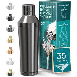 BARE BARREL Insulated Cocktail Shaker Set | Double Wall Stainless Steel | Martini Shaker for Home Bar Bartending | Built-in Drink Measure System & Strainer, Travel Bag, Recipes | Gift Set (Slate Gray)