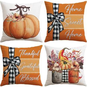 Artscope Fall Decorative Throw Pillow Covers 18x18 Inch Set of 4 Fall Gifts for Home Decor, Autumn Pumpkin Sweet Home Thankful Grateful Blessed Outdoor Farmhouse Pillow Cases for Sofa Couch-Orange