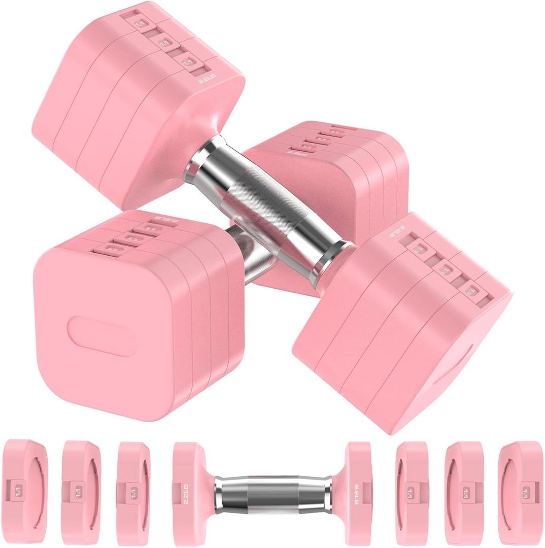 22LBS Adjustable Dumbbells Set, Adjustable Weight Dumbbells with 4 Levels 4.4lb, 6.6lb, 8.8lb, 11lb, Hand Weights Sets for Women/Men Home Gym Full Body Workout (Pink)