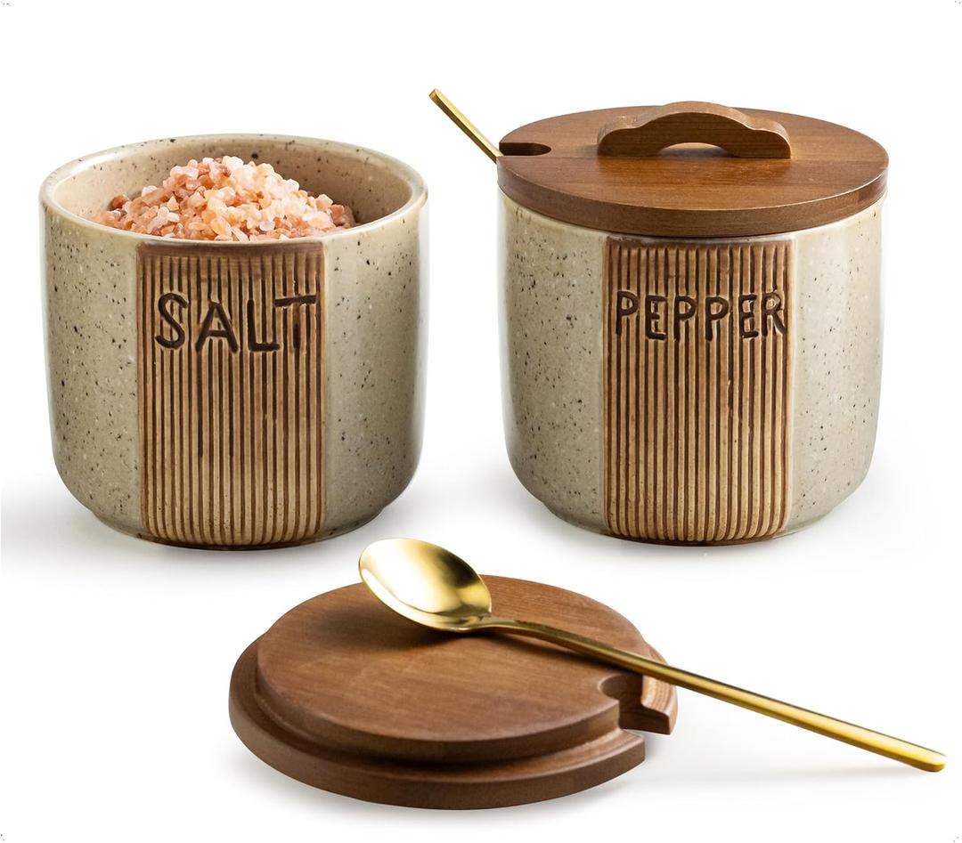Ceramic Salt and Pepper Bowl, Salt Cellar with Lid and Spoons Salt Containers for Countertop Pepper Holder Box, Beige (Set of 2)