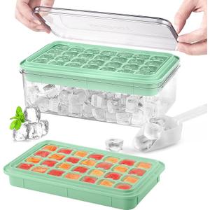 Longzon Mini Ice Cube Tray with Lid and Bin, 60 pcs Ice Cube Trays for Freezer, Ice Cube Mold, Ice Molds Spill-Resistant Removable Lid & Ice Scoop, Ice Cube Tray Mold for Whiskey Cocktail, Tea, Coffee