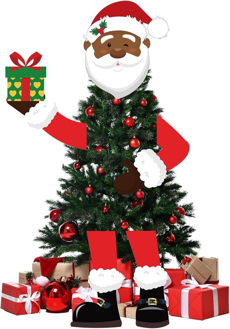 Pinkunn 5 Pcs Christmas Black Large Santa Tree Topper African American Christmas Tree Decoration Black Cute Santa Claus Hat Candy Gift Box Head Arms Legs Ornament for Xmas Holiday Party Decorations