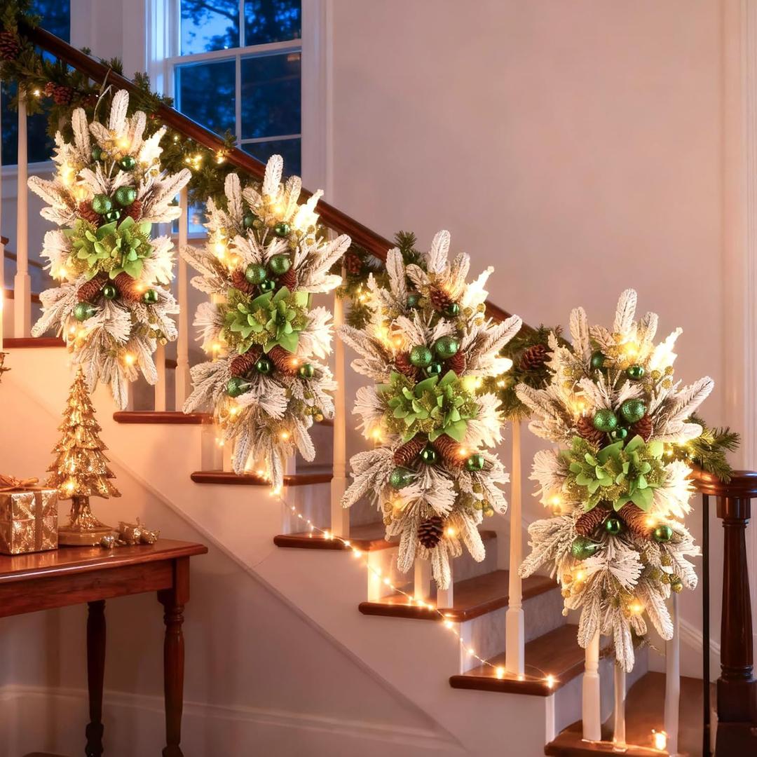 Christmas Teardrop Swag for Decorating, 24" Prelit Cordless Stair Decorations with Lights, 1 Pcs Artificial Christmas Garland Wreath for Staircase Front Door Home Window Decor (Green)