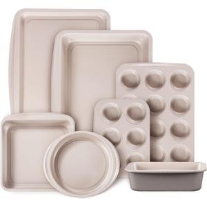 CAROTE 7-Piece Nonstick Stackable Baking Pans Set - Bakeware Sets Including Cookie Sheets for Baking, Muffin Pan, Bread Pan, Cake pan, Loaf Pan, Roasting Pan, Gray & Khaki