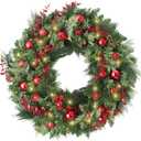 24 Inch Christmas Wreaths, Christmas Wreaths for Front Door with Balls Ornaments, Eucalyptus and Battery Operated LED Lights, Large Artificial Xmas Wreath with Timer for Outdoor Holiday Decor