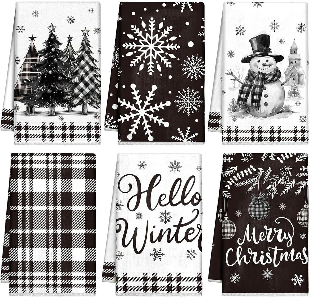 6 Pcs Christmas Kitchen Towels Absorbent Soft Microfiber Farmhouse Dish Towels Sets 16x24inch Winter Christmas Hand Dishcloths for Housewarming Gift(Black and White)