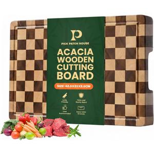 100% Organic Acacia Wood Cutting Board 16.5" x 11.6" End Grain Checkered Wooden Cutting Board for Kitchen,Premium Butcher Block with Deep Juice Groove, Built-In Handle & Non-Slip Pads