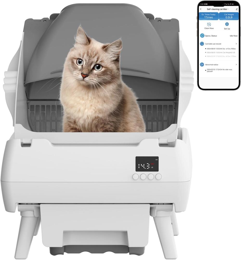 Automatic Cat Litter Box Self Cleaning - App Control, Open-Design, Smart Health Monitor, Suitable for Medium Cats and Kittens, Anti-Pinch Safety, Quiet Operation, A Trusted Companion for Life - White