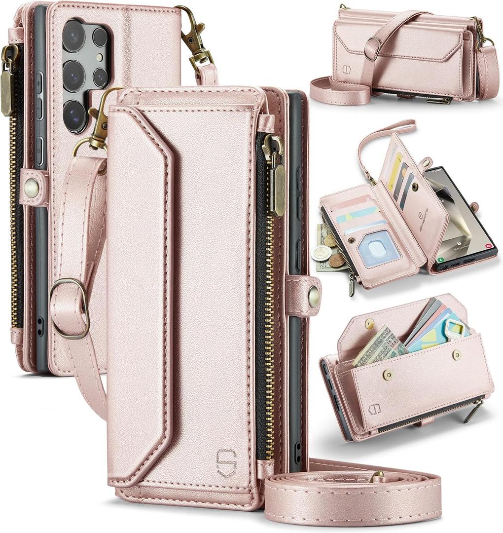 Strapurs Wallet Case Compatible with Samsung Galaxy S24 Ultra 5G RFID Blocking 10-Card Holder Soft PU Leather Magnetic Snap Strap Zipper Pocket Phone Case Fit for Galaxy S24 Ultra - Rose Gold