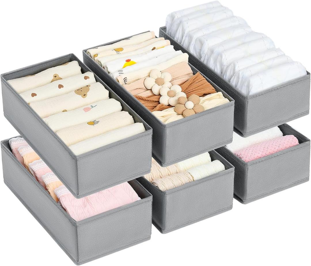 DIMJ Drawer Organizer Clothes - Underwear Organizer Small Sock Organizer Closet Organizers and Storage Box Dresser Drawer Dividers for Baby Clothes, Bra, Socks, Belt, Tie, Set of 6,Grey