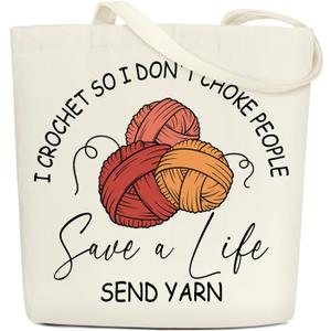 Funny Crochet Canvas Tote Bags for Women Aesthetic Gifts for Crochet Lovers Birthday Christmas Mother's Day Cute Cotton Tote Bag for Shopping Work Reusable Grocery Shoulder Bag with Wide Strap - DH703