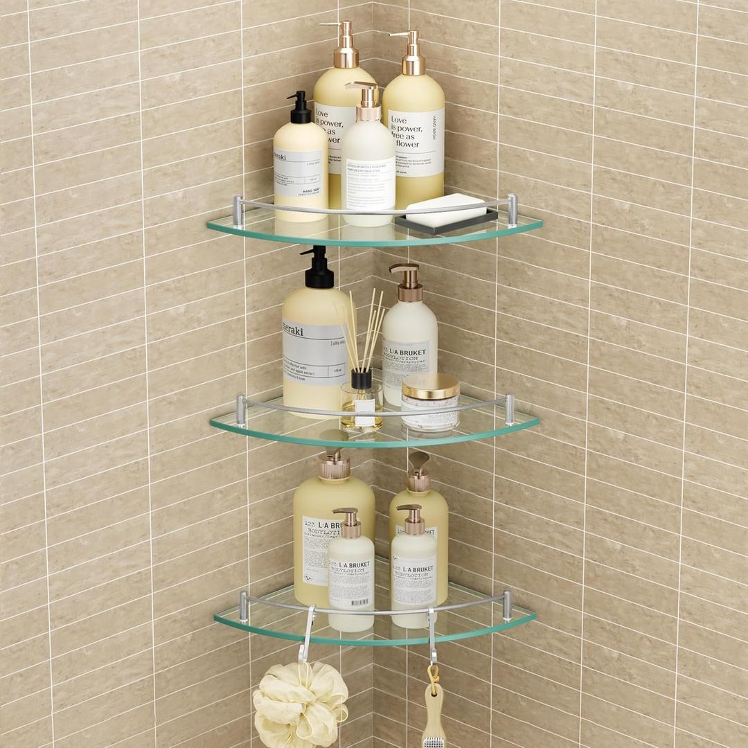 KES Glass Corner Shelf with Hooks 18/8 Stainless Steel, Tempered Glass Bathroom Corner Shelf with Rail, Shower Glass Shelf 3 Pack Wall Mounted, Brushed Finish, BGS2101A-2-P3