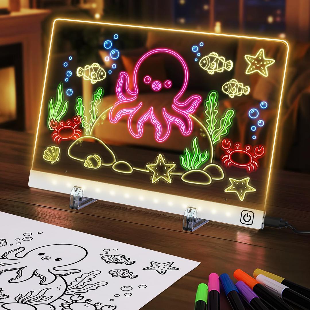 LED Drawing Board with 7 Colors & 3 Light Modes - Rechargeable Glow Doodle Board, Includes 7 Markers + Tracing Book, Dry Erase Note Boards, Halloween Christmas Birthday Gifts for Kids (7.9"x11.8")
