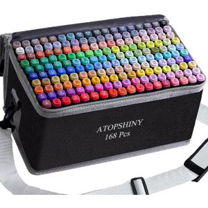 ATOPSHINY Alcohol Markers 168 Colors Drawing Pens Set Dual Tip Permanent Art Markers for Kids and Adult Gifts-168 Black Shell Refillable