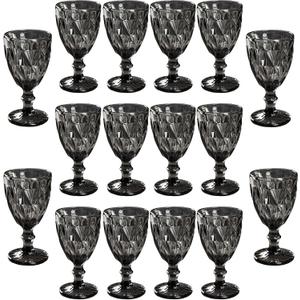 16 Pack Vintage Wine Glasses, Plastic Reusable 12 Ounce Colored Water Goblets, Unique Embossed Pattern Unbreakable Stemmed Wine Glasses, High Clear Wedding Party Bar Drinking Cups Black