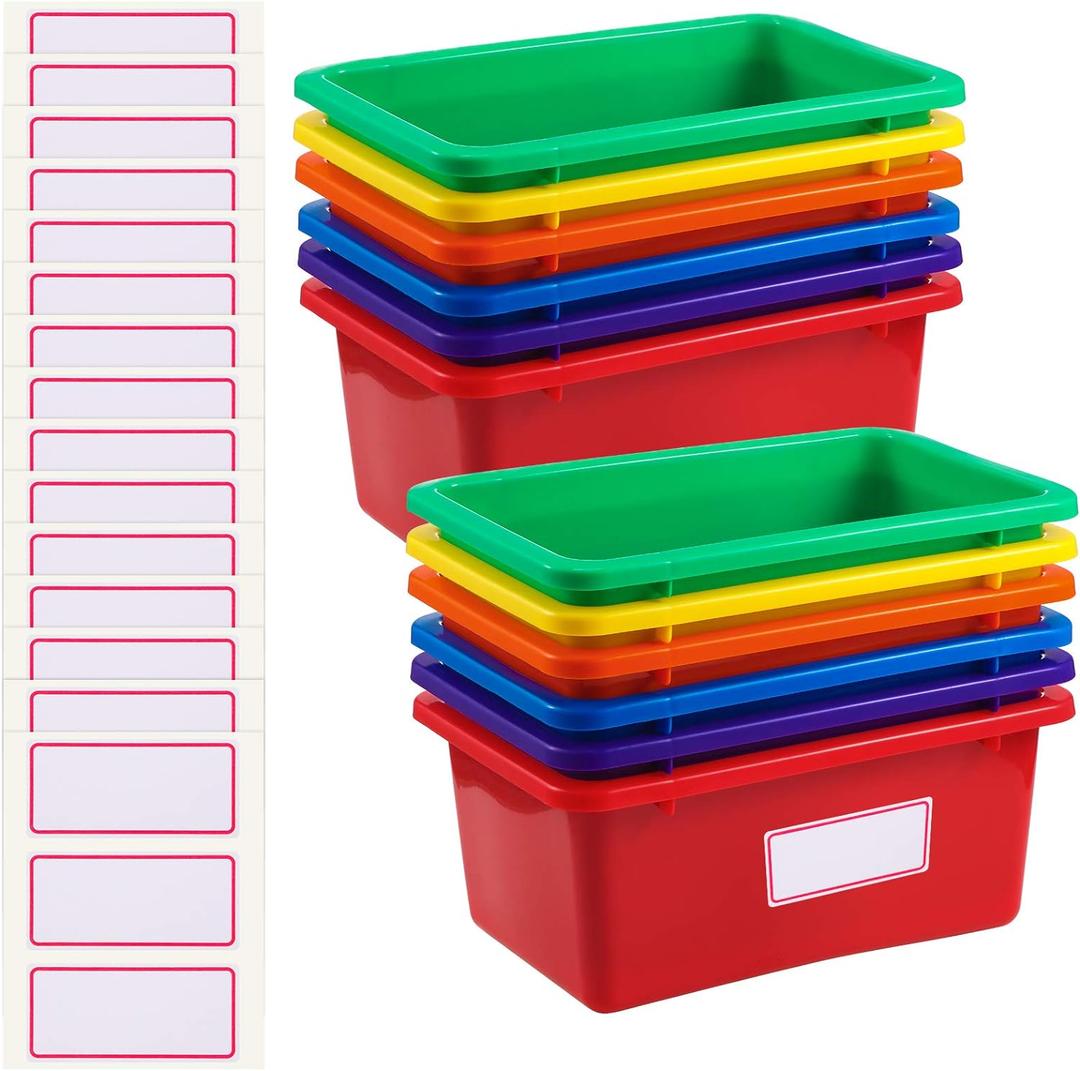 Zonon 12 Pcs Plastic Cubby Storage Bins Classroom Cubby Organization Storage Containers with 1 Pack Self Adhesive Labels Bin for Office Library School Home(Rainbow Color)