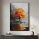 Framed Orange and Grey Fall Tree Forest Lake Landscape Wall Art, 24x36 In