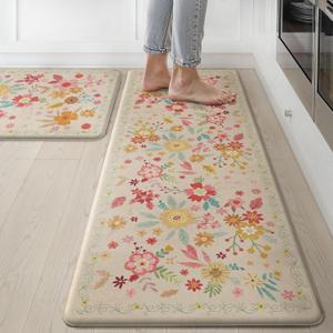 GENIMO Kitchen Mats for Floor 2PCS, Cushioned Kitchen Rugs Non Slip Washable, Anti Fatigue Mat Waterproof, Comfort Standing Mat Rug for Office, Home, Sink, Laundry, 17.3"x47"+17.3"x30", Beige
