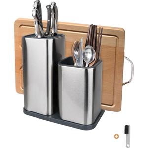 Universal Knife Block, Stainless Steel Universal Knife Holder Block Without Knives, Modern Kitchen Knife Storage Organizer for Countertop (with Cleaning Brush) (Stainless Steel/Silver)