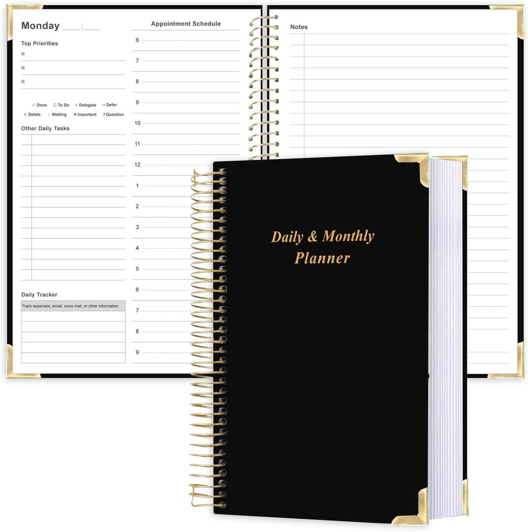 Undated Daily Monthly Planner for 2026 or Anytime - A5 To Do List with Hourly Schedule, Hardcover Spiral Bound Daily Planner to Increase Focus, Stylish School/Office Supplies, 5.8" x 8.5", Black