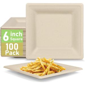 Small Paper Plates 6 inch, 100 Pack Disposable Paper Plates Square, Eco friendly Biodegradable Compostable Plates, Small Cake Dessert Plates, Natural Brown