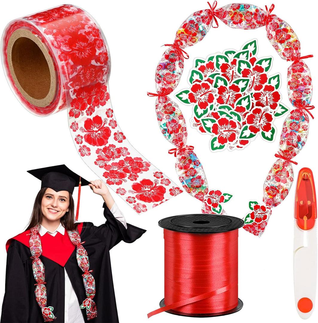 Jexine 118 Feet Graduation Hawaiian Candy Lei Making Kit Includes 30 Pcs Candy Lei Bags 750 Feet Ribbon 24 Pcs Hibiscus Cards for Graduation Party Gift(Red,Hibiscus)