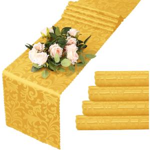 MILVOWOC 4 Pack Gold Satin Table Runner, 12 x 72 Inch Jacquard Damask Table Runner Rectangle Bright Silky Decorative Table Runner for Party Banquet Birthday Dinner Wedding Table Decor