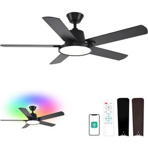 Orison Ceiling Fans with Lights, 52 inch Low Profile Ceiling Fan with RGB Backlight, Flush Mount Ceiling Fan with Remote and App Control,White Bedroom Fan, 6 Speeds, 5 Reversible Blades (Black RGB)