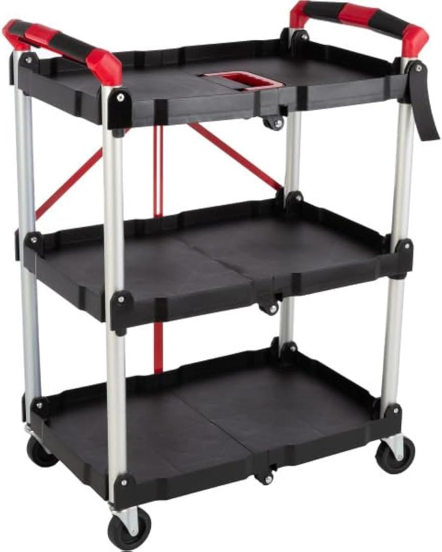 Collapsible Cart - Portable and Lightweight Folding Service Cart with 50lb Capacity Per Shelf - Multi Use Foldable Trolley with Wheels by Stalwart