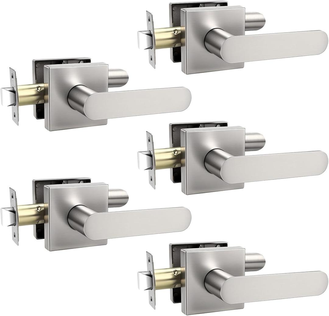 Heavy Duty Passage Door Handle, Door Lever with Rectangular Design, Non-Locking for Hallway Closet, Easy Installation, Satin Nickel, 5 Pack