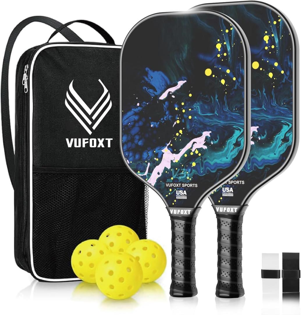 Pickleball Paddles Set of 2, USAPA Approved Carbon Fiber Surface Pickle Ball Set - 14mm PP Honeycomb Core of Lightweight Pickleball Rackets -Suitable for Beginners' Training and GameBlue