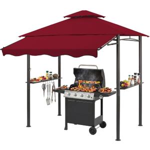 CHARMELEON 8x8 FT Grill Gazebo,Grill Canopy with Big Awning&2 Side Shelves&6 Hooks,Powder-Coated Steel BBQ Shelter for Patio Backyard Outdoor Grilling-Burgundy