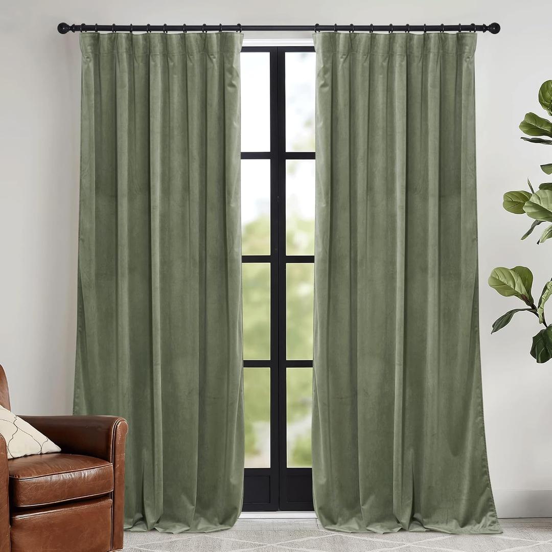 RYB HOME Sage Green Velvet Curtains 84 inches, Room Darkening Super Soft Velvet Drapes with Pleat Tape for Living Room, Thermal Insulated Window Treatment for Bedroom, W52 x L84 inch, 2 Panels (52"W x 84"L (Pack of 2))