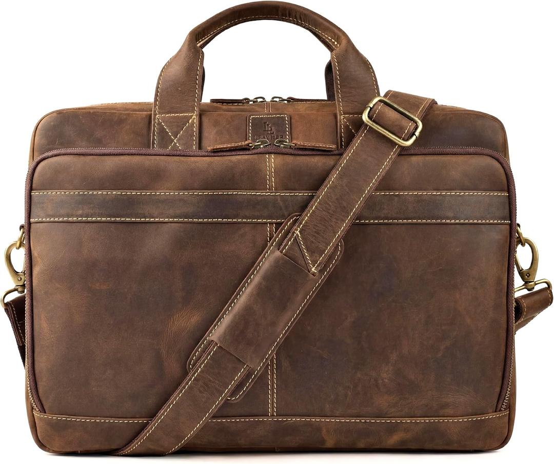 Full Grain Leather Messenger Bag for Men, 16” Briefcase Laptop Satchel Vintage Professional Office Work & Travel Bag