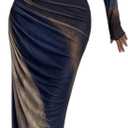 LIGHT DOT Women's Printed Bodycon Maxi Dress Long Sleeve Tie Dye Mesh Ruched Cocktail Dress Size S, Navy Khaki