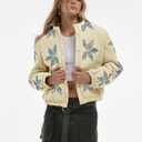 Gacaky Women's Lightweight Floral Embroidered Cropped Quilted Jacket Winter Warm Button Down Puffer Jacket Coat with Pockets (XXL)