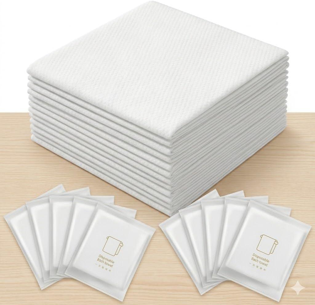 Disposable Bath Towels 10 Individual Packing Big Shower Towels for Body, Oversize 27.5 x 55 inch, Thickened and Absorbent for Bathroom,Camping,Hiking, White, Large