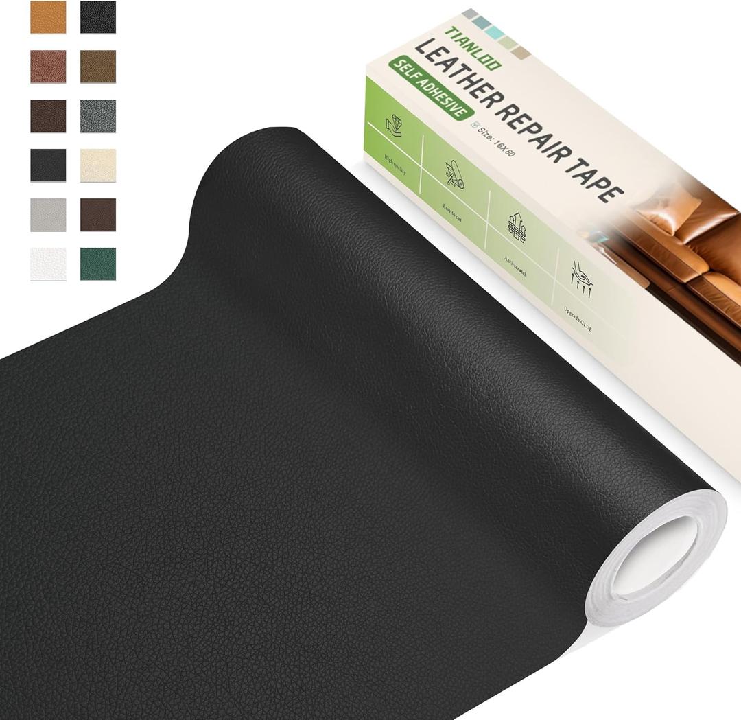 TIANLDD Leather Repair Tape,16 x 80 Inches Self Adhesive Leather Repair PatchLeather Repair Kit for FurnitureCouches,Car Seats,Cabinets,Handbags(Black-Litchi Grain)