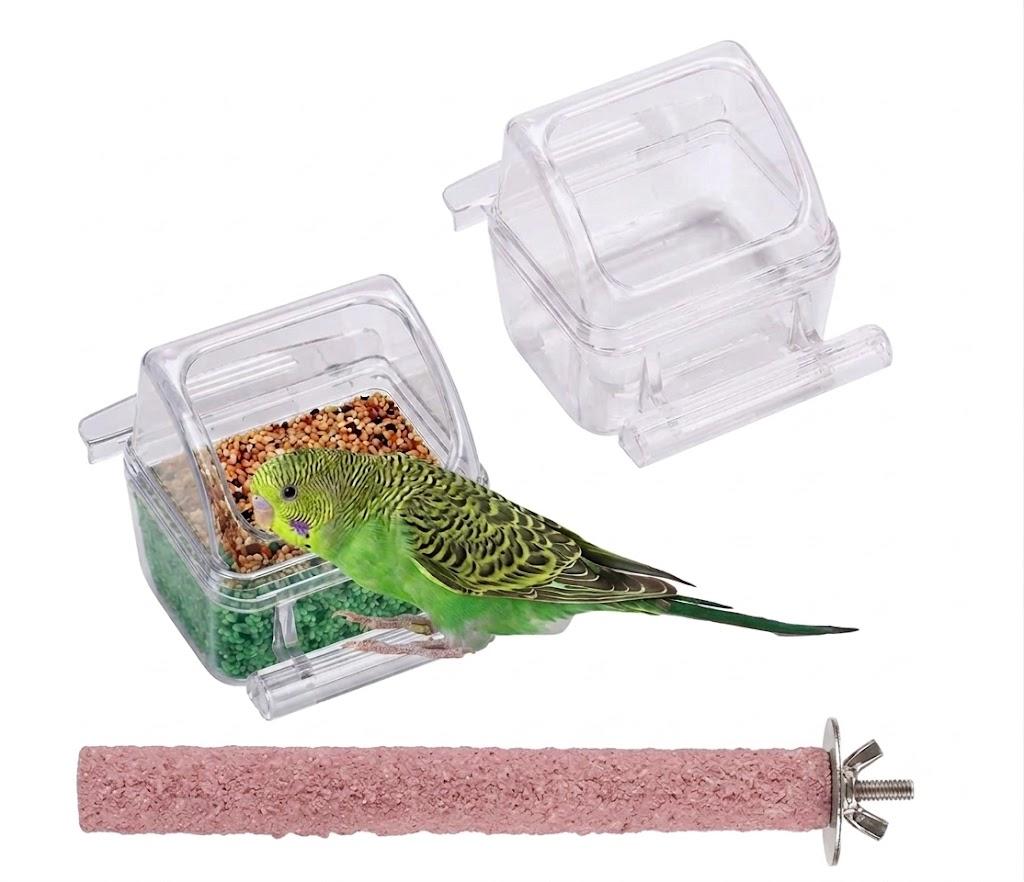IBWell 2 Pack Clear Water Bowl and Food Container - Bird Cage Feeder With Perch for Parakeets - No Mess Design